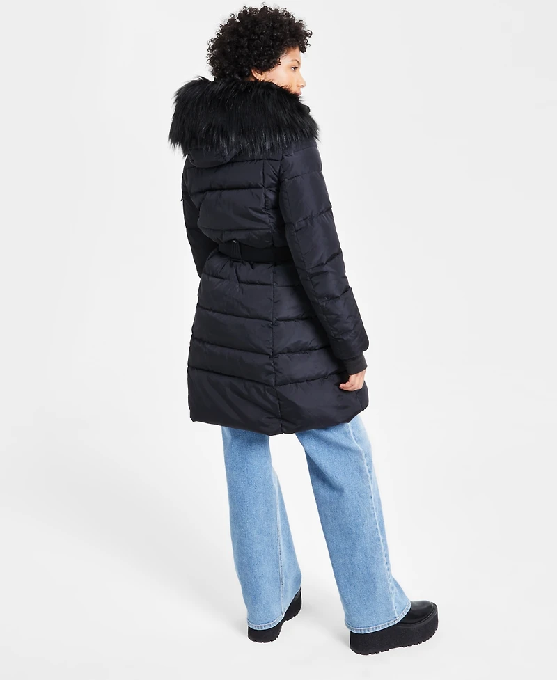 S13 Women's Chalet Faux-Fur-Trim Hooded Belted Puffer Coat