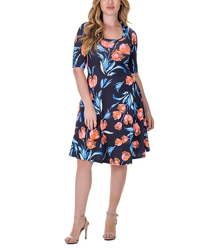 24seven Comfort Apparel Print Knee Length Elbow Sleeve Dress