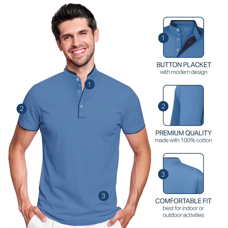 Men's Short Sleeve Henley Polo Shirt with Contrast-Trim