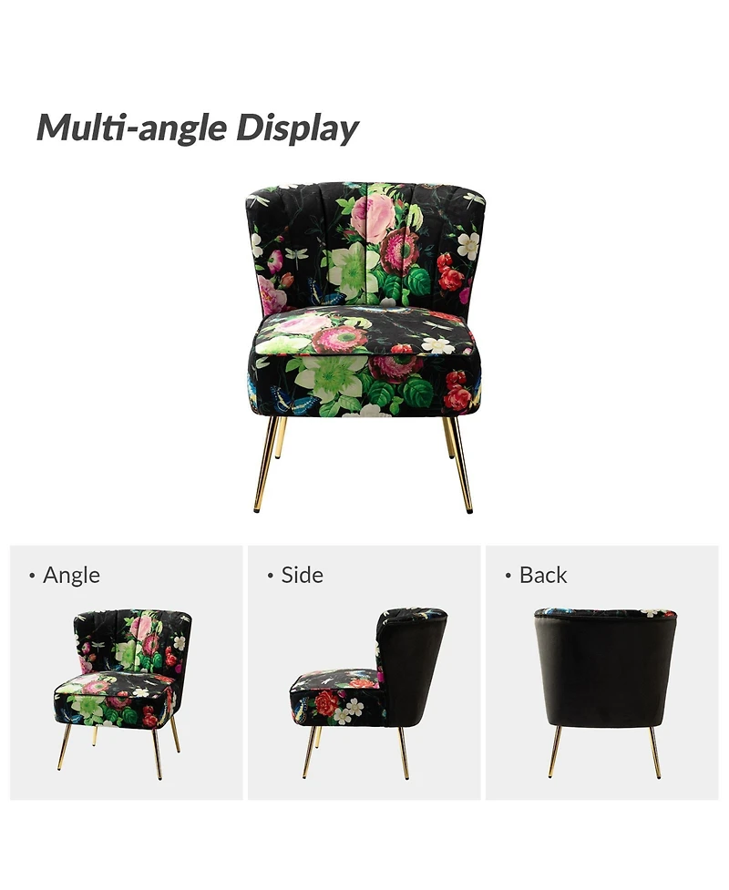 Tufted Floral Fabric Accent Chair with Gold Metal Legs for Living Room