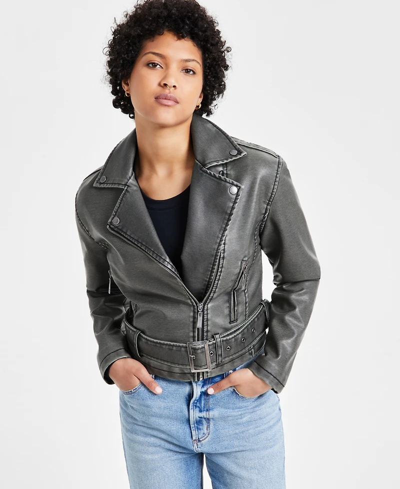 Jou Juniors' Distressed Asymmetric Moto Jacket, Created for Macy's