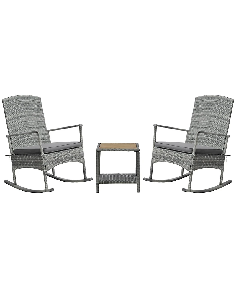 Outsunny 3pc Outdoor Rocking Chair Set, Pe Rat, 2-Tier Wood Table,