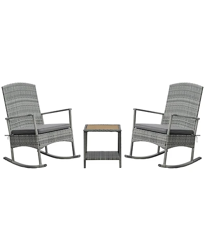 Outsunny 3pc Outdoor Rocking Chair Set, Pe Rat, 2-Tier Wood Table,