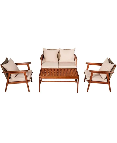 Sugift 4 Pieces Acacia Wood Patio Rattan Furniture Set with Cushions
