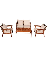 Sugift 4 Pieces Acacia Wood Patio Rattan Furniture Set with Cushions