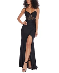 B Darlin Juniors' Strappy Sequinned-Lace Illusion-Corset Maxi Dress