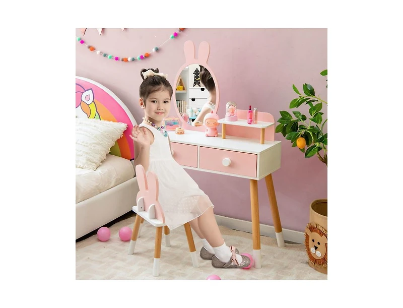 Slickblue Kids Vanity Table and Chair Set with Drawer Shelf Rabbit Mirror
