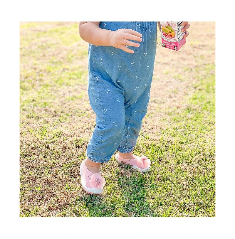 Infant Girl Breathable Washable Non-Slip Sock Shoes Flat - Pompom Flower Pink