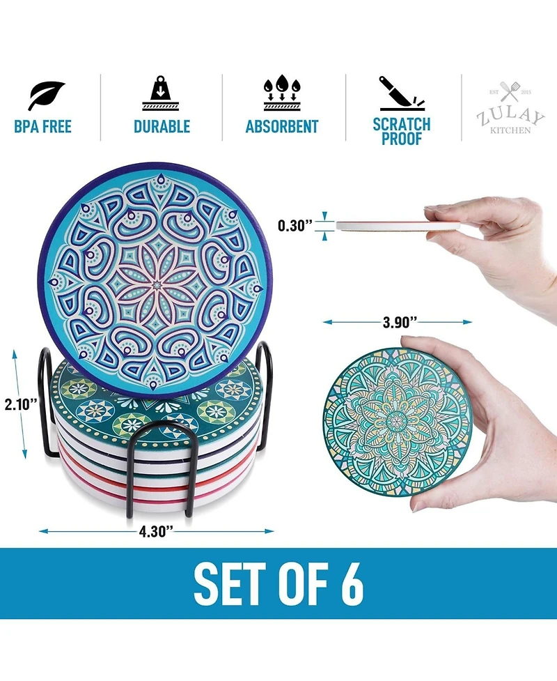 Zulay Kitchen Mandala Coasters with Holder & Cork Base - 6 Pc.