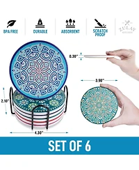 Zulay Kitchen Mandala Coasters with Holder & Cork Base - 6 Pc.