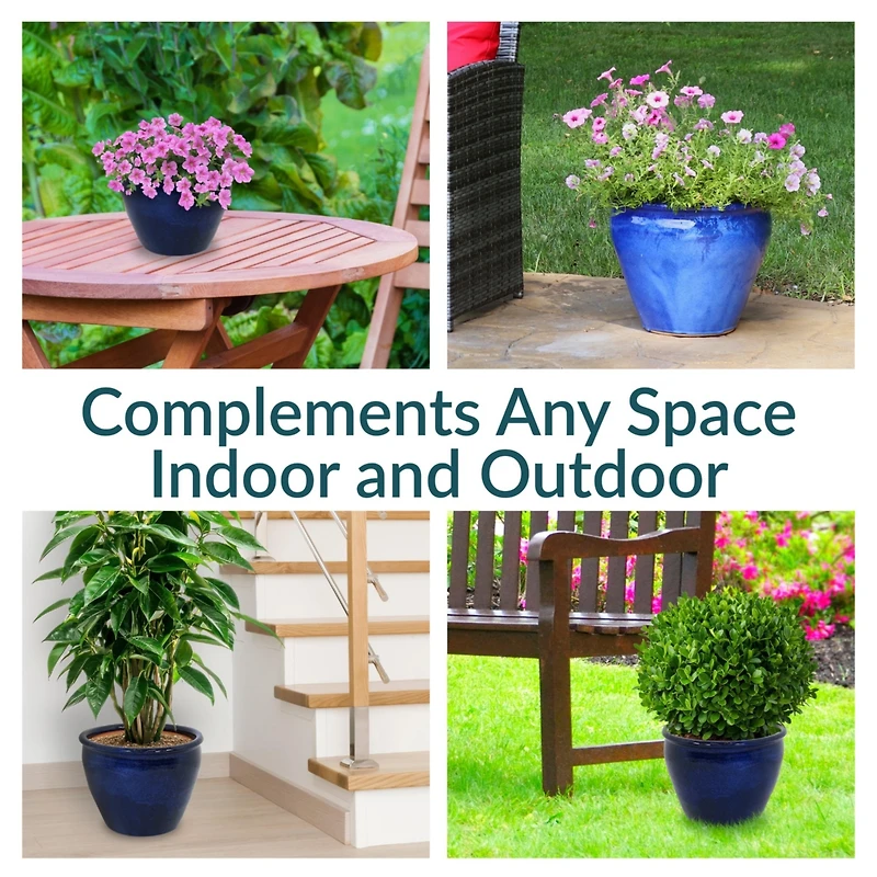 Large Ceramic Planter - Indoor or Outdoor Plant Pot with Drainage Holes - Imperial Blue Glaze Finish - 15