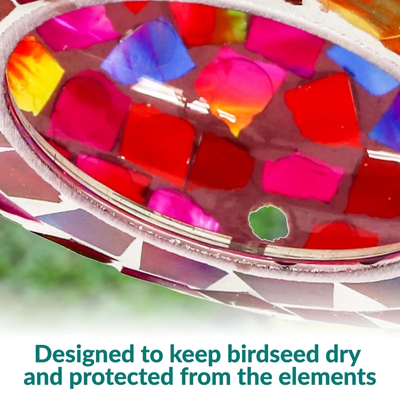 Outdoor Garden Patio Round Glass with Mosaic Design Hanging Fly-Through Bird Feeder