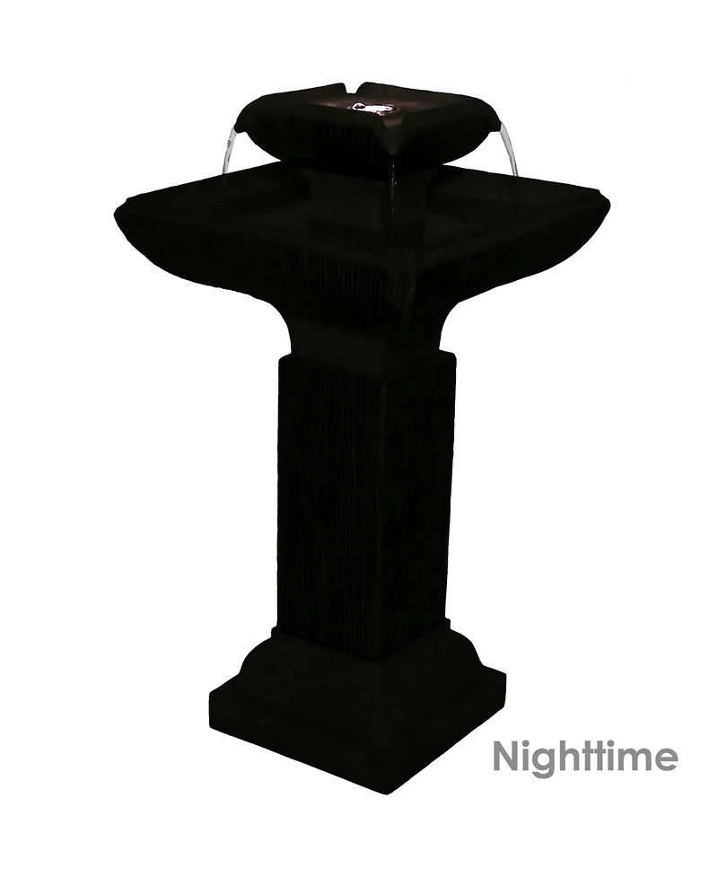 Sunnydaze Decor 25-Inch Square 2-Tier Outdoor Bird Bath Water Fountain - Led Lights - Electric Submersible Pump with Adjustable Flow