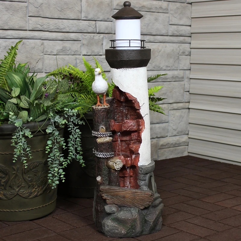 36"H Electric Polyresin Gull's Cove Lighthouse Outdoor Water Fountain with Led Light