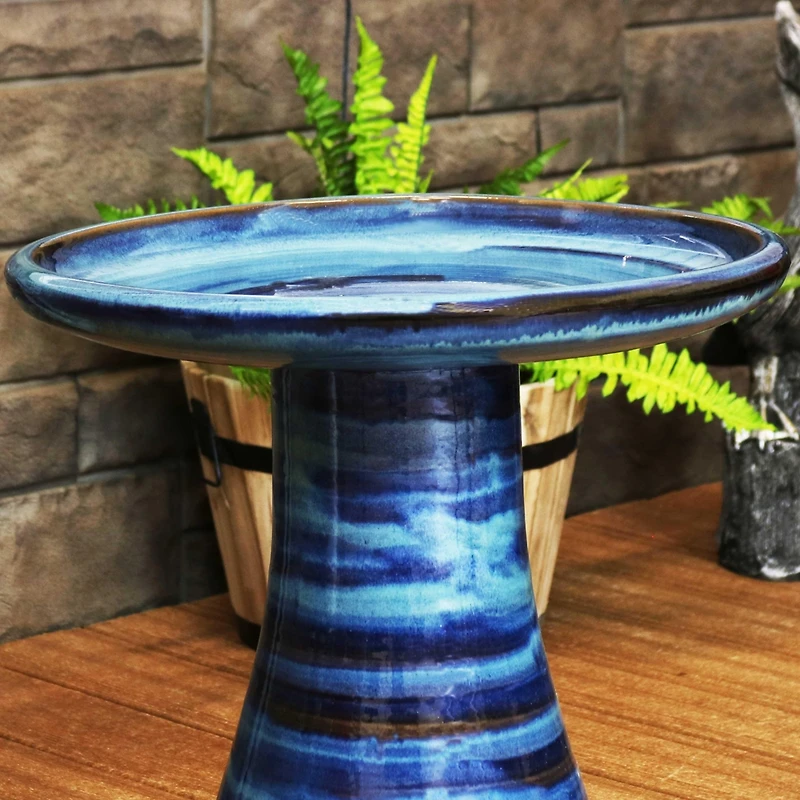 21" H Ceramic Bird Bath for Outside - Hand-Painted Outdoor Bird Bath Bowl, Uv/Frost-Resistant Finish - Galaxy Blue - Ribbed Pedestal