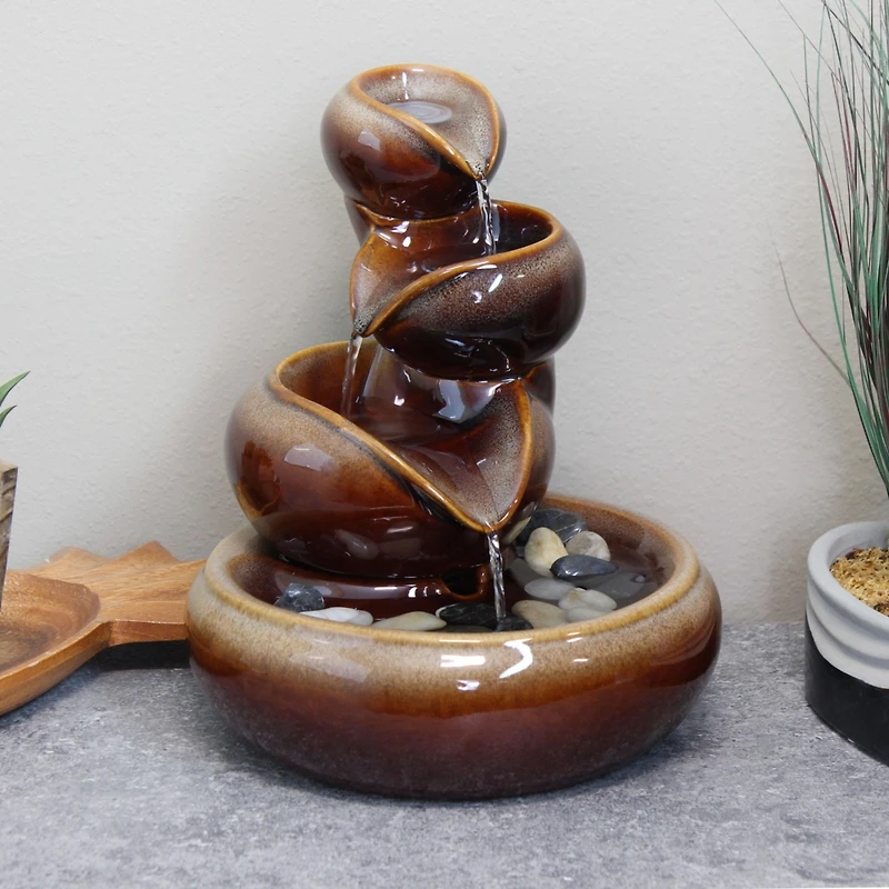 Indoor Home Decorative Glazed Smooth Ceramic Tiered Vessels Tabletop Water Fountain - 10" - Brown