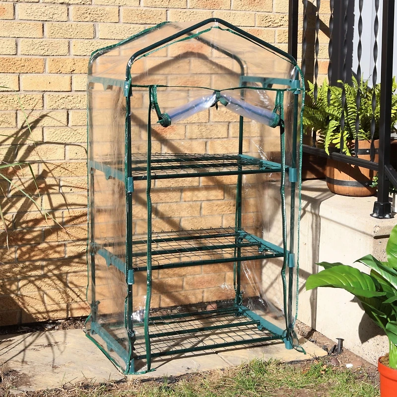 Outdoor Portable 3-Tier Mini Greenhouse with Roll-up Zippered Door and Steel Wire Shelves