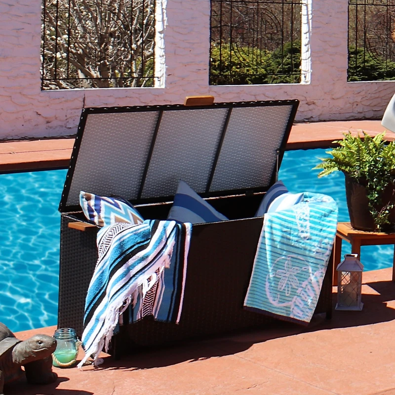 75 Gallon Indoor/Outdoor Acacia Wood and Resin Wicker Storage Deck Box with Hinged Lid