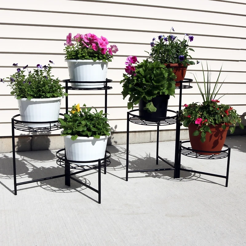 Iron Metal 3-Tiered Decorative Flower Plant Pot Holder Stand Display - Black - 2pk