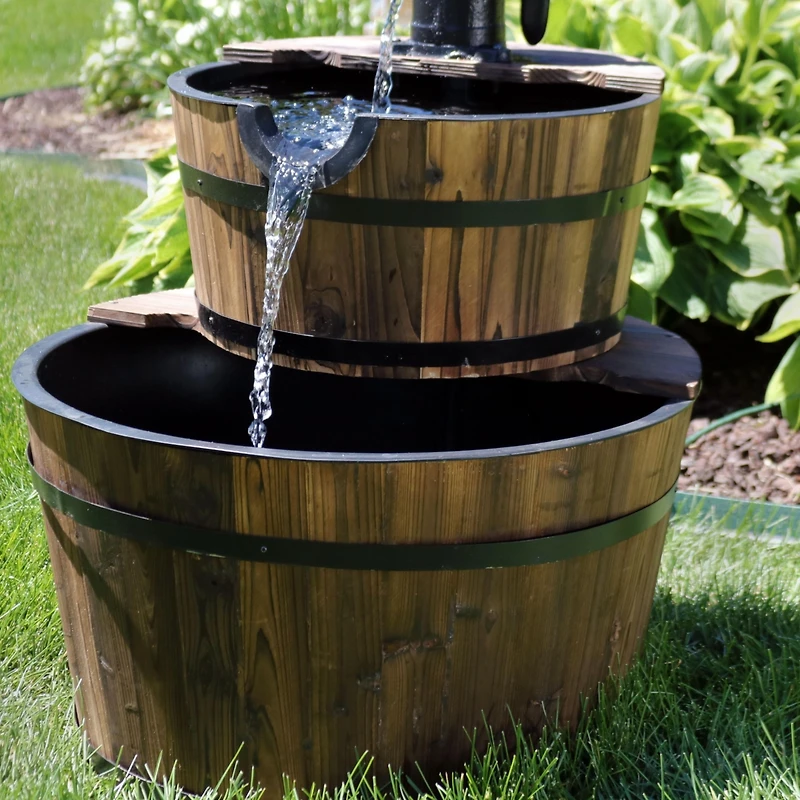 2-Tier Wood Barrel Outdoor Water Fountain - 34-Inch Waterfall Fountain with Submersible Pump - for Garden, Patio, Decks