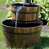 2-Tier Wood Barrel Outdoor Water Fountain - 34-Inch Waterfall Fountain with Submersible Pump - for Garden, Patio, Decks
