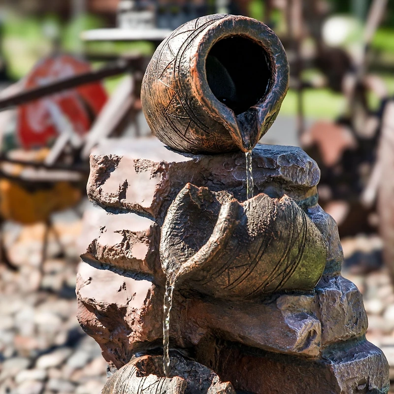 Sunnydaze Decor Crumbling Bricks and Pots 27-Inch Solar Fountain with Led Lights and Battery-Powered Backup - Submersible Pump