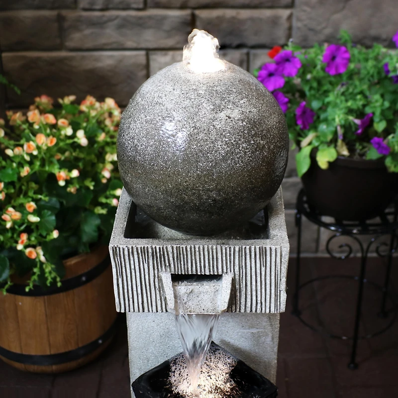 35"H Electric Polyresin Modern Artistry Column Outdoor Water Fountain with Led Lights