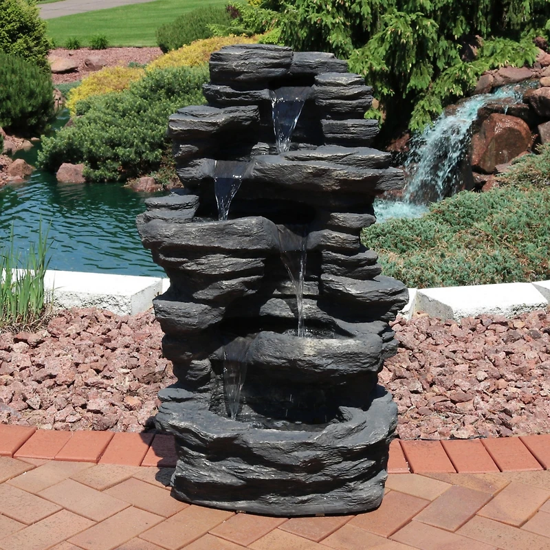 Sunnydaze Decor Rock Falls 39-Inch Polystone Outdoor Water Fountain with Led Lights