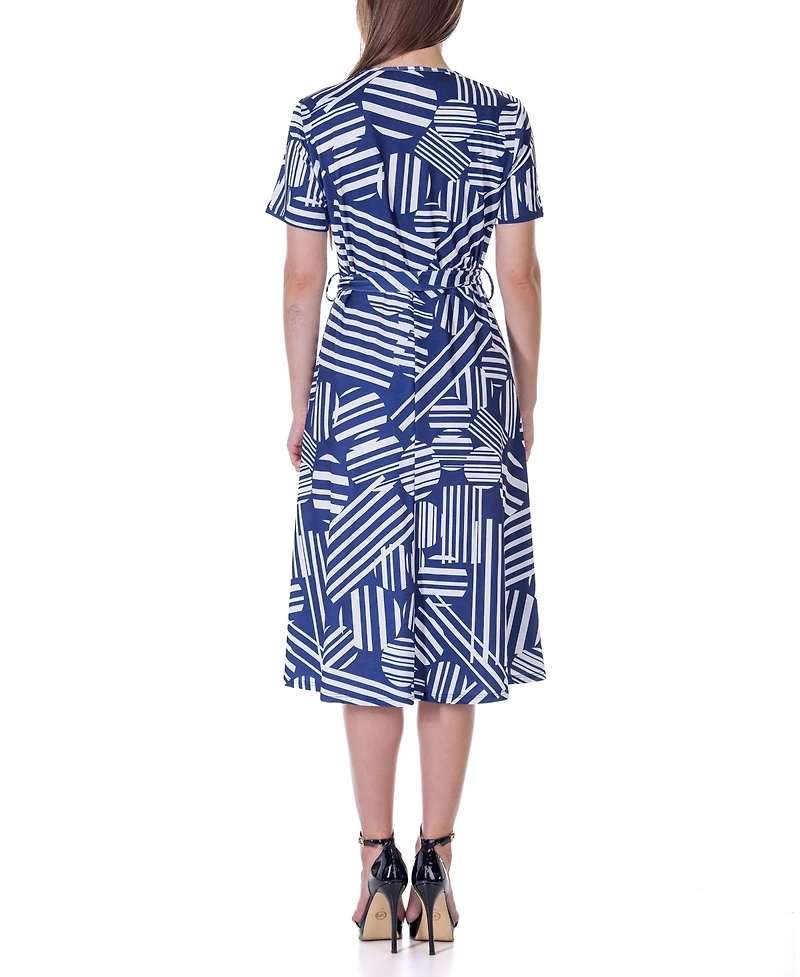 24seven Comfort Apparel Print Short Sleeve Tie Waist Midi Dress