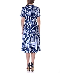 24seven Comfort Apparel Print Short Sleeve Tie Waist Midi Dress