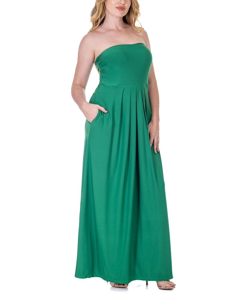 24seven Comfort Apparel Pleated A Line Strapless Maxi Pocket Dress