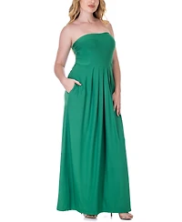 24seven Comfort Apparel Pleated A Line Strapless Maxi Pocket Dress
