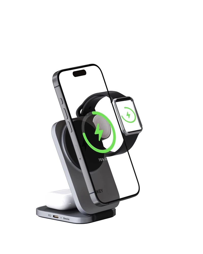 Aukey Lc-MC312 MagFusion Z Qi2 Mfw Certified 3-in-1 15W Foldable Magnetic Fast Wireless Charging Station 1.5ft Usb C-c Cable Included