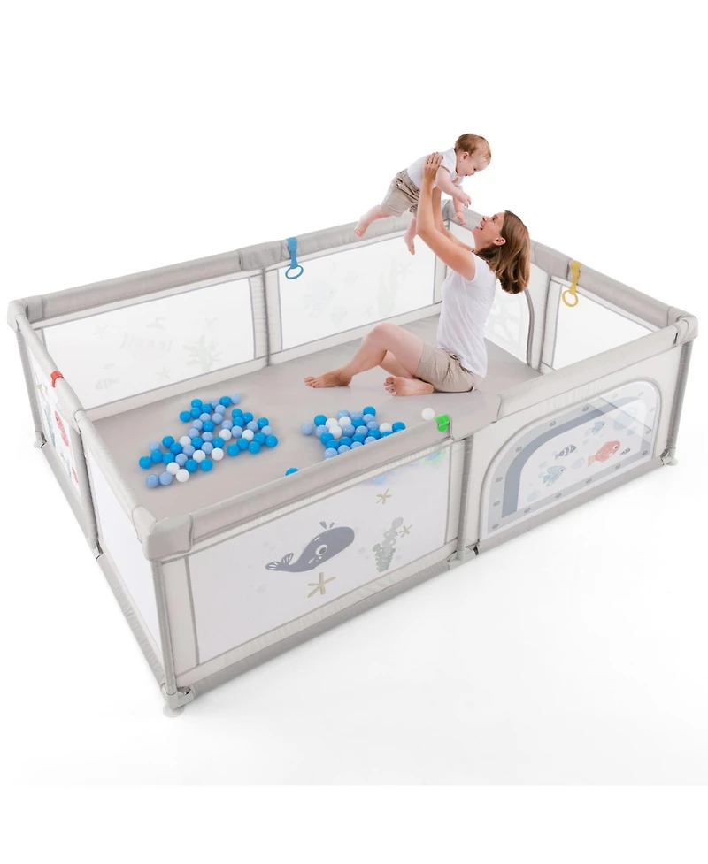 Slickblue Toddler Large Playpen with Pull Rings Ocean Balls and Cute Pattern