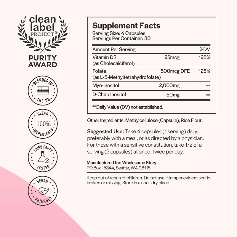 Wholesome Story Myo-Inositol & D-Chiro Inositol Capsules with Mthf, Folate, Vitamin D| Support for Ovarian Function, Hormone Balance, & Homocysteine L