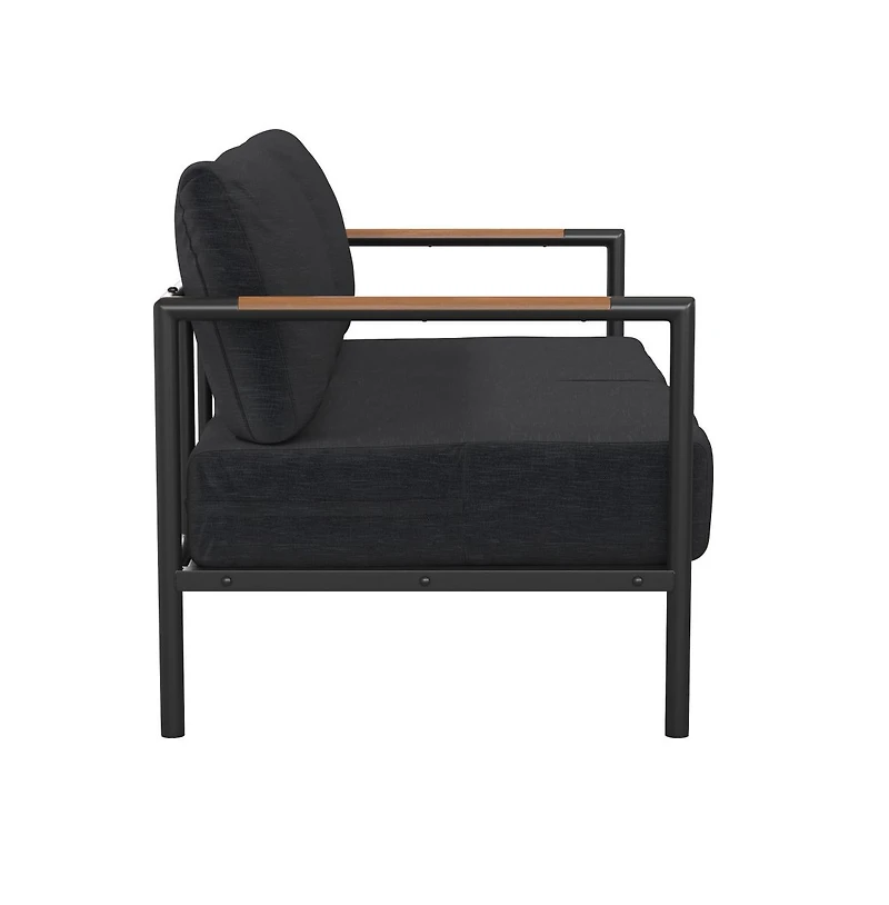 Eastport Outdoor Loveseat With Removable Plush Fabric Cushions And Teak Accented Aluminum Frame