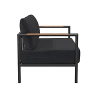 Eastport Outdoor Loveseat With Removable Plush Fabric Cushions And Teak Accented Aluminum Frame