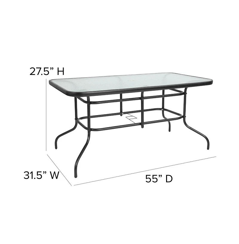 Seven Piece Patio Table Set With Metal Table With Tempered Glass Top And 6 Flex Comfort Stacking Chairs