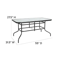 Seven Piece Patio Table Set With Metal Table With Tempered Glass Top And 6 Flex Comfort Stacking Chairs