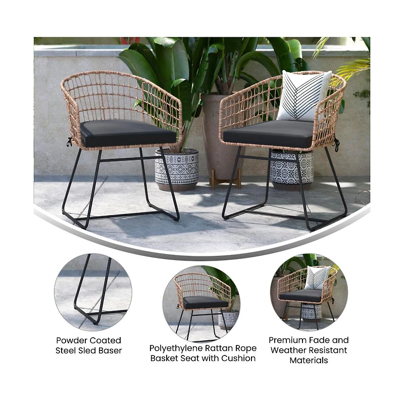 Emma+Oliver Ari Set Of Two All-Weather Faux Rattan Rope Chairs With Padded Cushions For Indoor And Outdoor Use