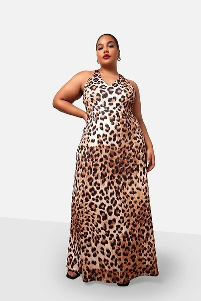 Rebdolls Plus Yasmeen Leopard Open Back Maxi Slip Dress