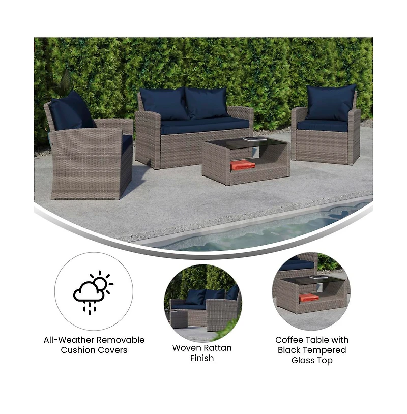 Atlas 4 Piece Patio Set Contemporary Loveseat, 2 Chair And Coffee Table Set With Back Pillows And Seat Cushions