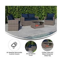 Atlas 4 Piece Patio Set Contemporary Loveseat, 2 Chair And Coffee Table Set With Back Pillows And Seat Cushions