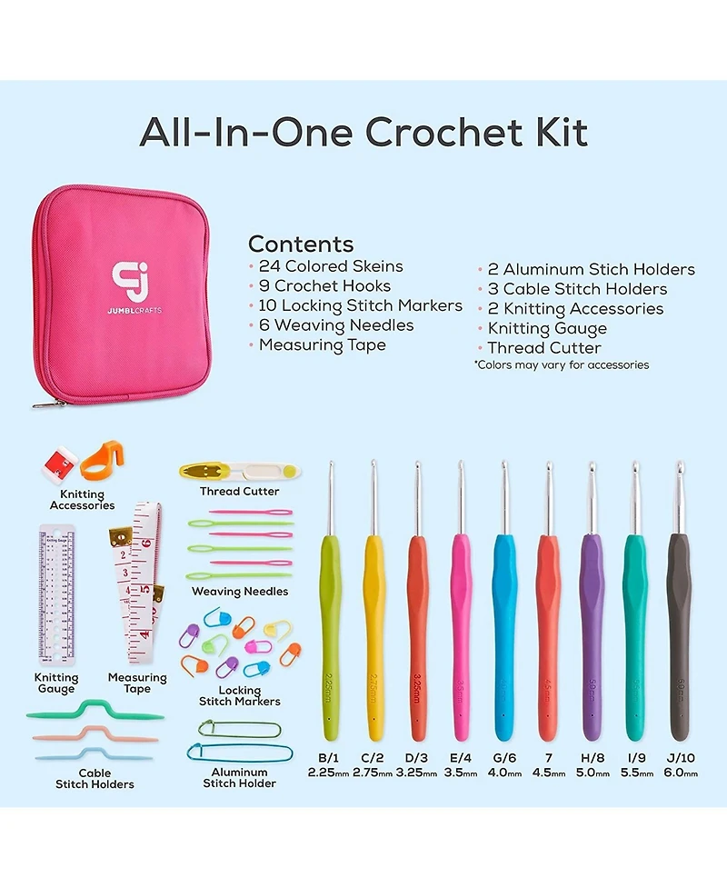 Jumbl JumblCrafts Crochet Kit w/Crochet Hooks, 24 Acrylic Yarn Set & More
