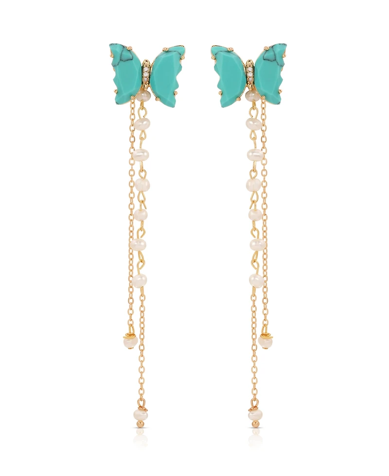 Ettika Turquoise Butterfly Freshwater Pearl Chain Dangle Earrings