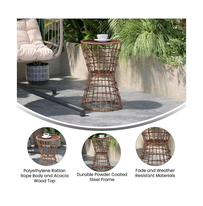 Ari All-Weather Faux Rattan Rope Patio Table With Acacia Wood Top For Indoor And Outdoor Use