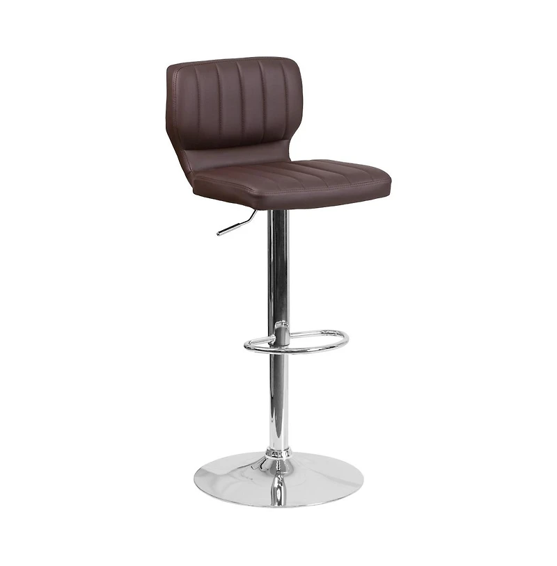 Set Of Two Swivel Bar Stools With Vertical Stitched Back And Adjustable Chrome Base Footrest