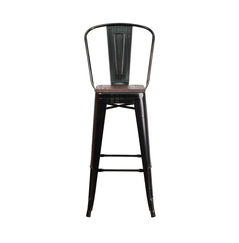 Donnelly Metal Dining Stool With Curved Slatted Back And Textured Wood Seat