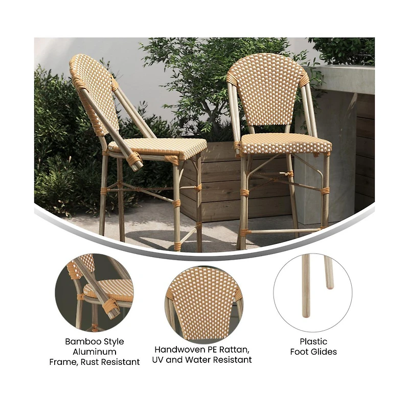 Celia Set Of Two Indoor/Outdoor Stacking Bistro Counter Stools With White And Gray Patterned Seats Backs & Bamboo Finished Metal Frames