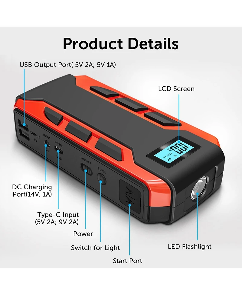 Alpha Digital Portable Car Jump Starter: 800A Peak- 10,000mAh 6.0L Gas/3.0L Diesel